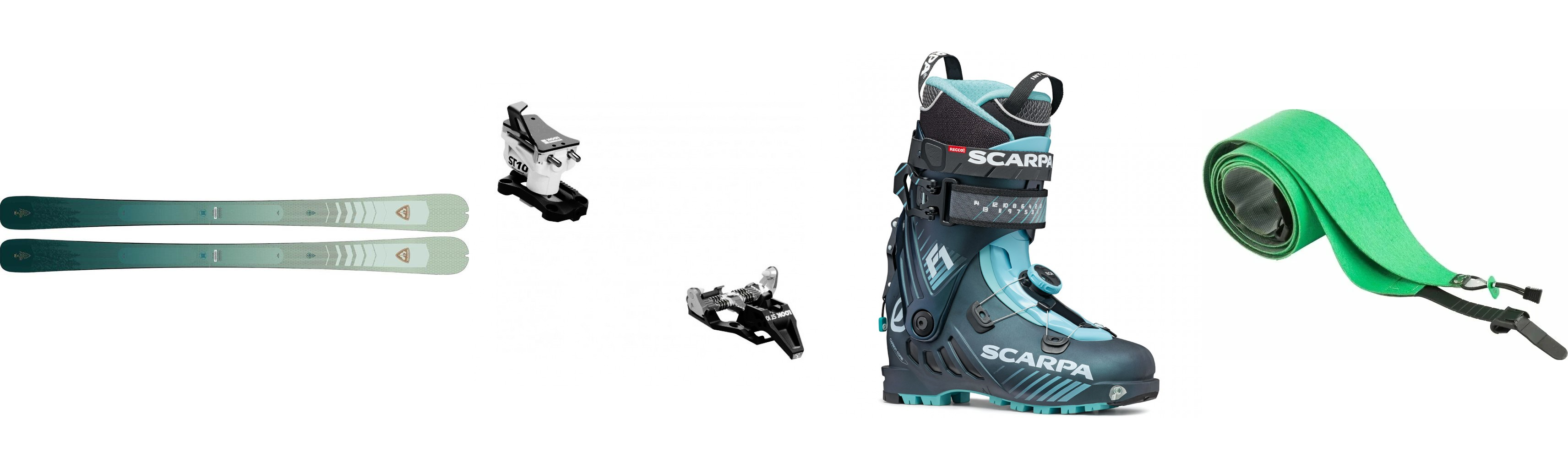 SKIALP SET -Lyže Rossignol Escaper W 80 Open + vázání Look ST 10 Black/White + boty Scarpa F1 wmn antracite aqua 21/22 + pásy Rossignol L2 Skin Escaper 80 / 80 Pro